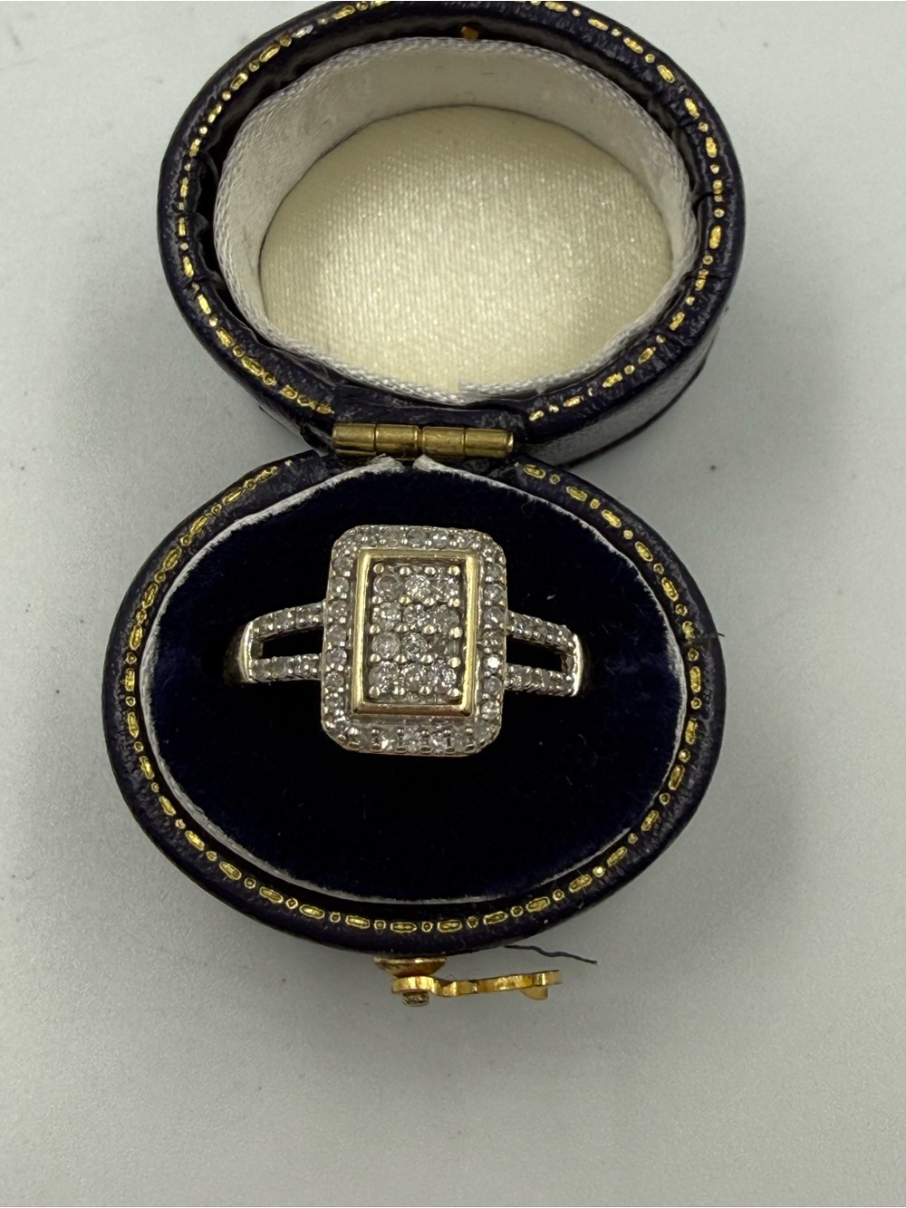 10K Gold Ring Rectangle Cluster Of Diamonds Open Shoulder Size 7 Gift Sparkle
